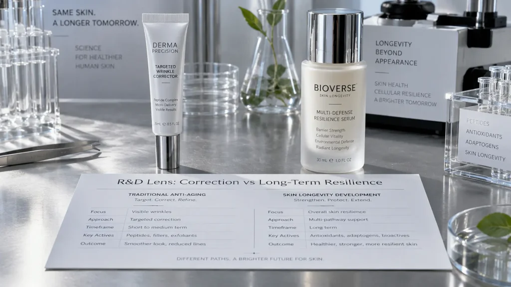 Targeted spot applicator resting next to a broad-spectrum resilience serum bottle on a glacier silver bench with a comparative framework card