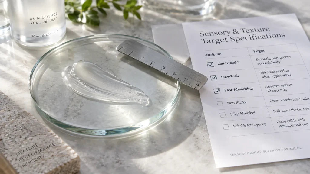 Macro photo of a silky serum swatch on a glass slide next to a sensory target specification paper sheet