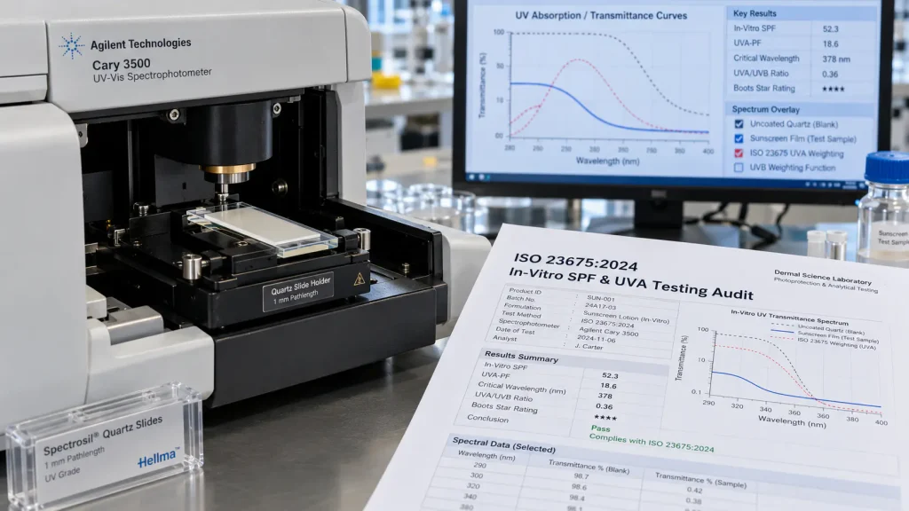 Spectrophotometer holding a quartz slide coated with sunscreen beside an ISO test report on a lab bench
