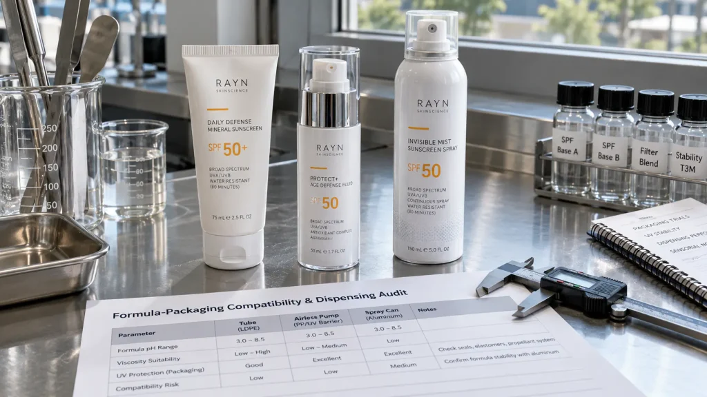 Sun care packaging formats next to a mechanical caliper and a formula packaging compatibility audit paper sheet