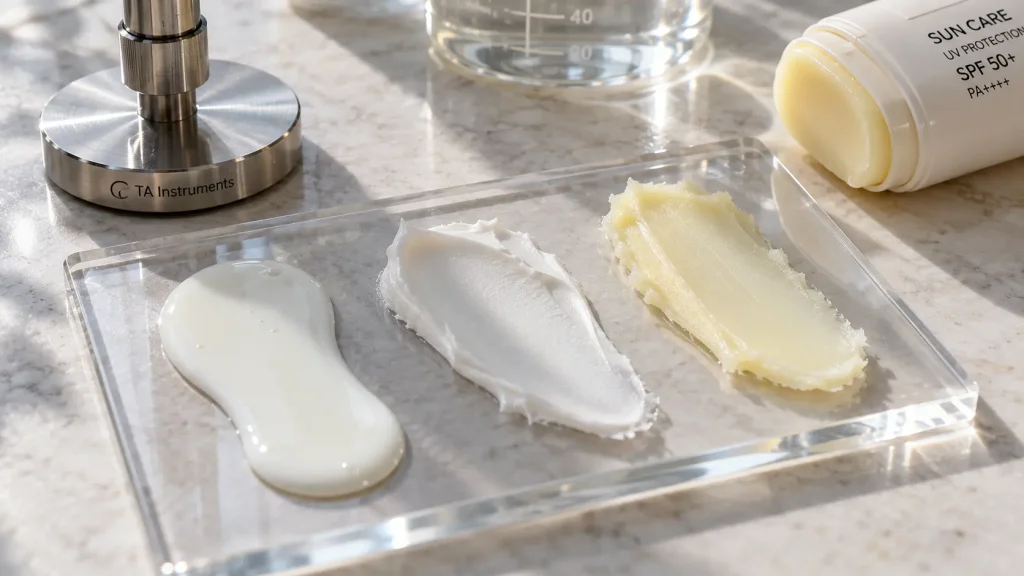 Three distinct sunscreen swatches showing fluid, matte gel, and sun stick textures on a clear quartz plate