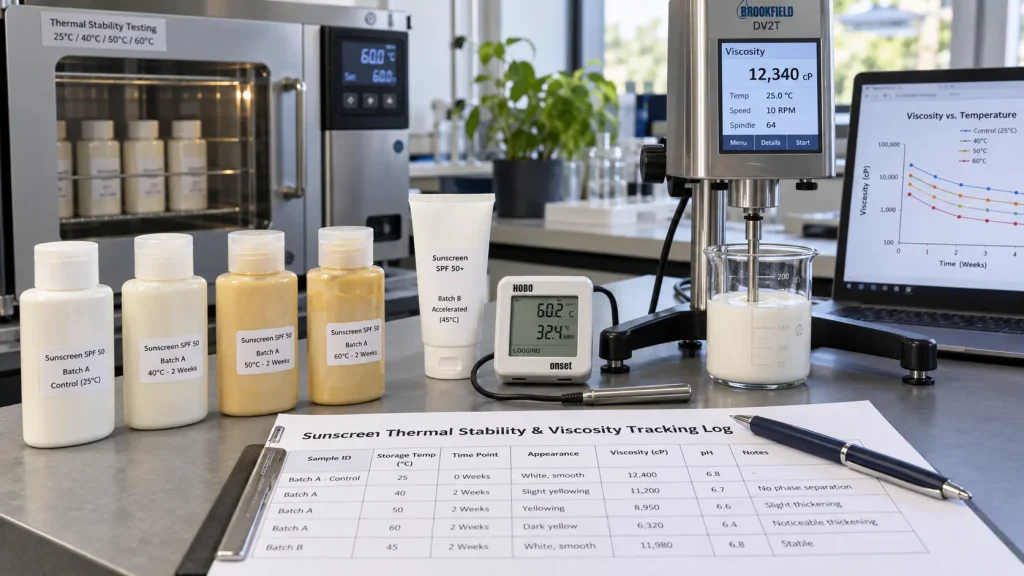 Sunscreen sample bottles sitting beside a digital data logger and a thermal stability tracking log on a slate desk