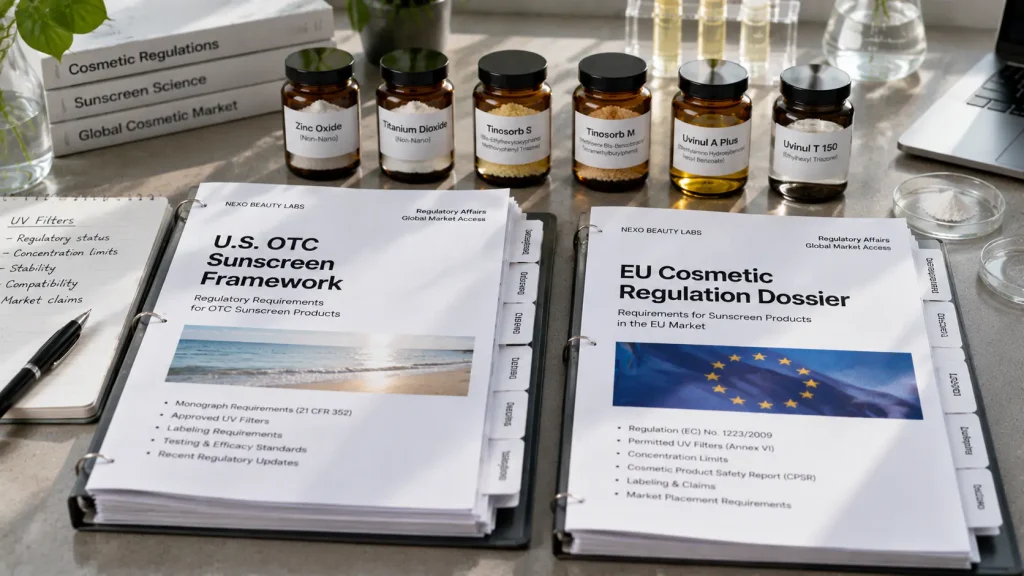 Paper dossiers labeled US OTC Sunscreen Framework and EU Cosmetic Regulation resting beside amber glass jars on a slate desk
